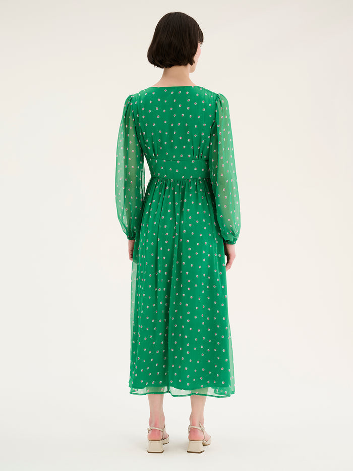 Long sleeved, v neck midi dress in green with print and ruching at the waist