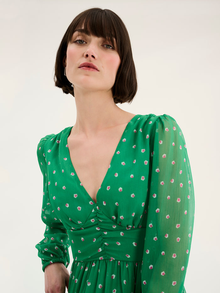Long sleeved, v neck midi dress in green with print and ruching at the waist
