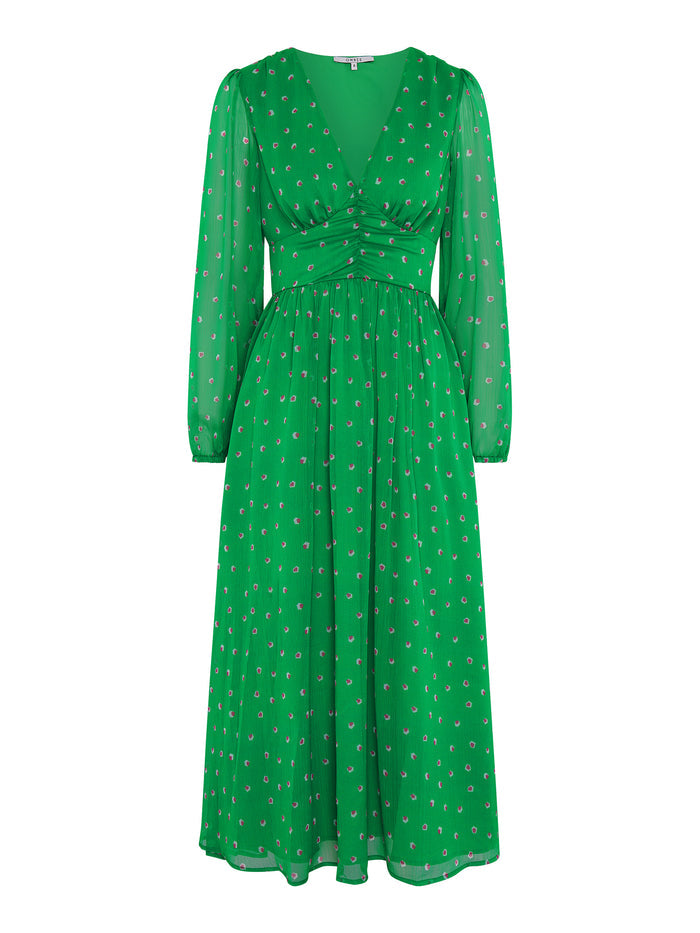 Long sleeved, v neck midi dress in green with print and ruching at the waist