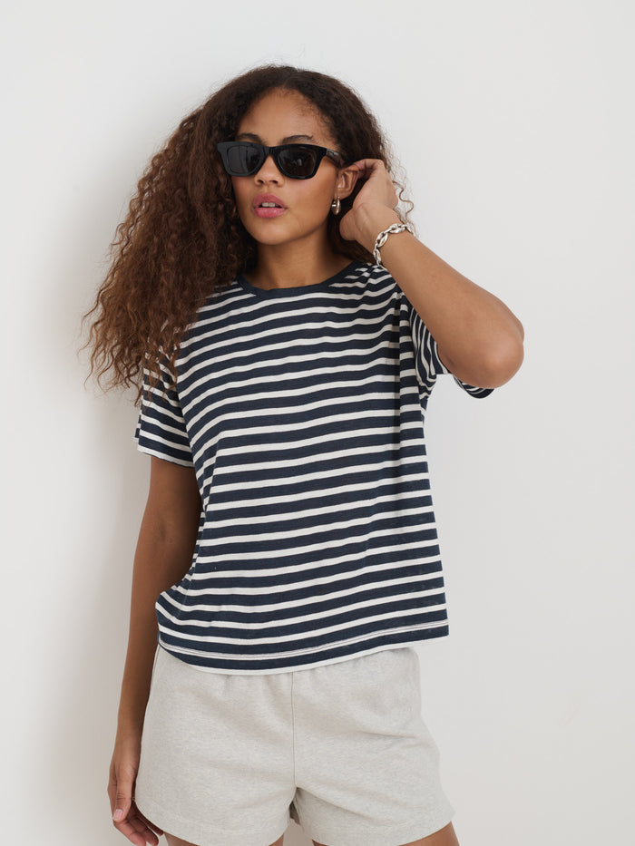 Garcon Striped Tee In Linen Cotton In Off White Navy