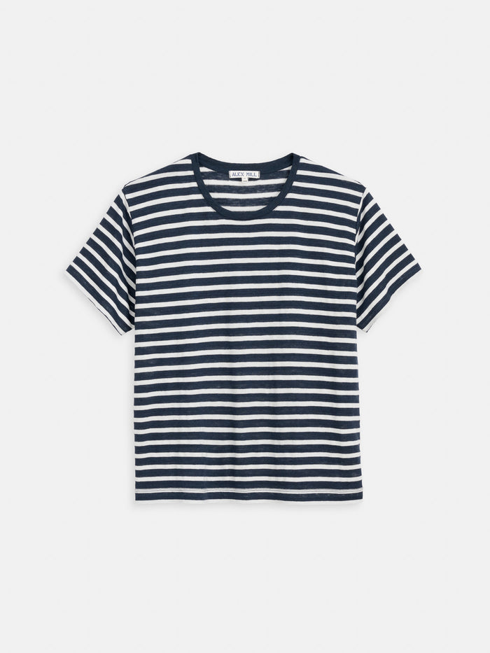 Garcon Striped Tee In Linen Cotton In Off White Navy