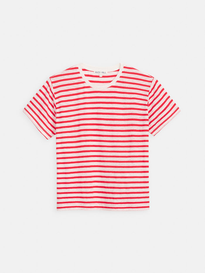 The Garcon Striped Tee in Linen Cotton is a short-sleeve, classic fit t-shirt with red and white horizontal stripes, laid flat on a white background.