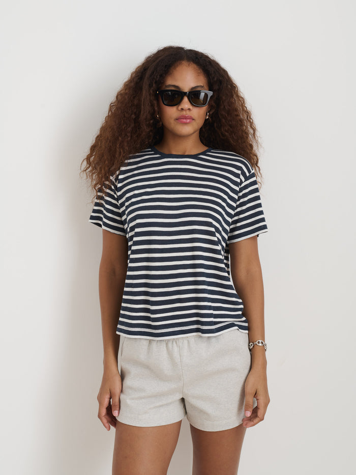 Garcon Striped Tee In Linen Cotton In Off White Navy