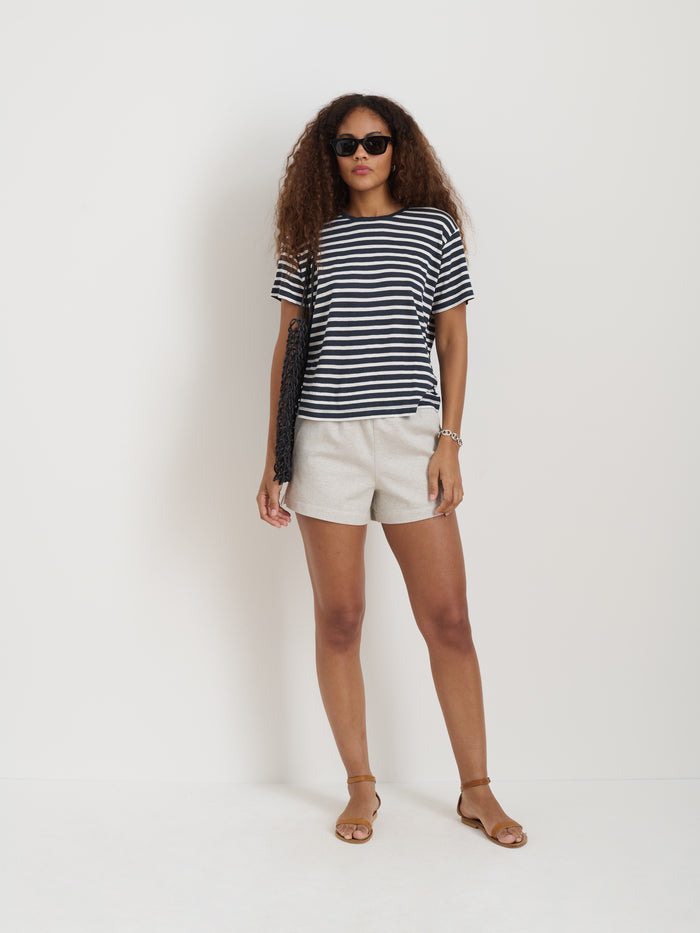 Garcon Striped Tee In Linen Cotton In Off White Navy
