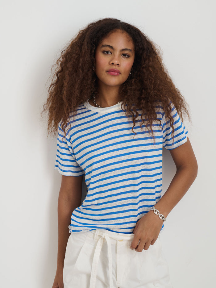 Garcon Striped Tee In Linen Cotton In Blue White