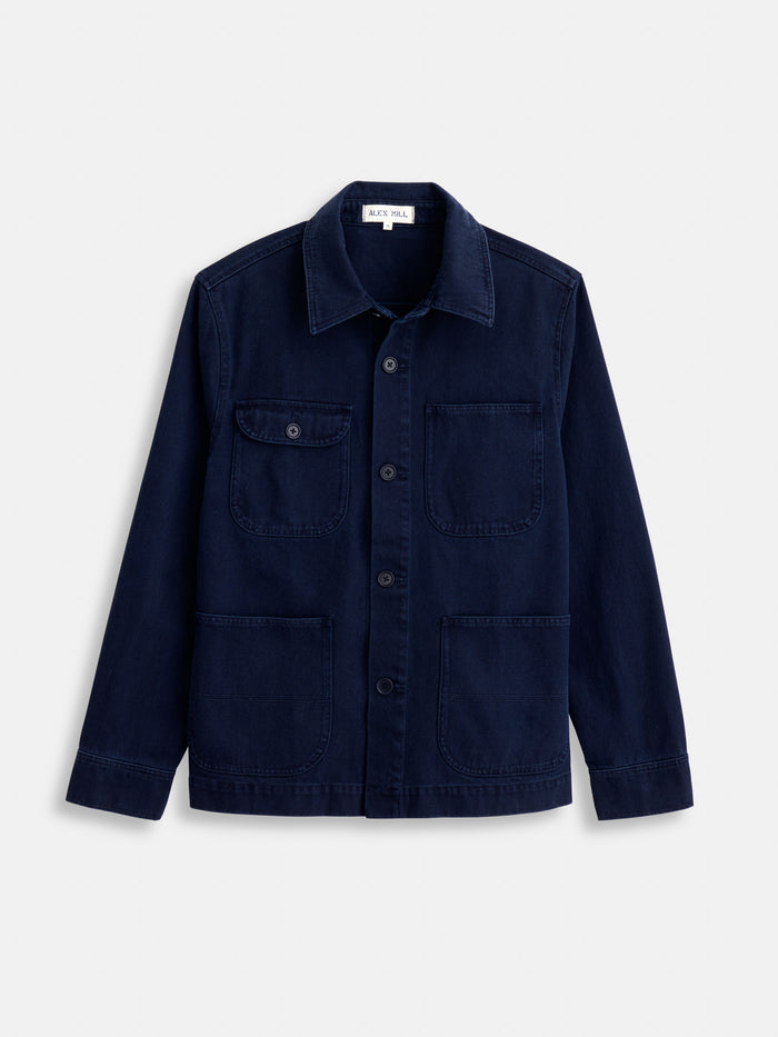 Garment Dyed Work Jacket In Recycled Denim In Dark Navy