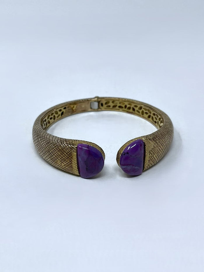 Gold & Purple Sterling Silver Crosshatch Retro Hinge Cuff Bracelet