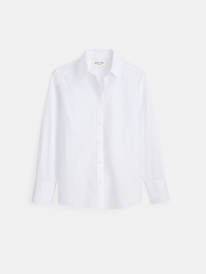The Gracie Shirt in Poplin is a long-sleeved, white classic button-up cotton shirt with a collar, displayed on a plain white background.