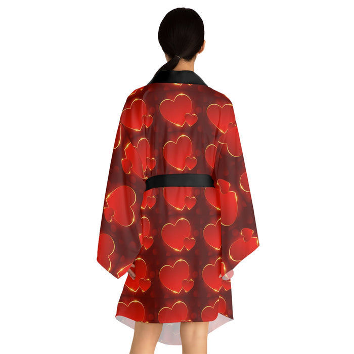 Heart Pattern Kimono Robe — Red Valentine Long Sleeve Lounge Wrap - 314 Originals