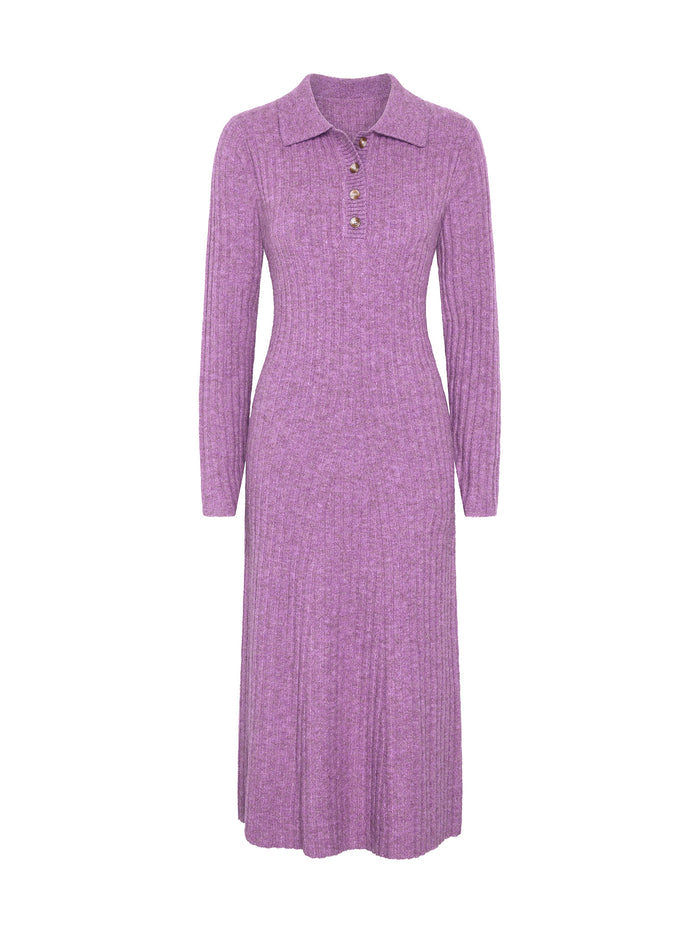 Henley Ribbed Placket Dress in Purple
