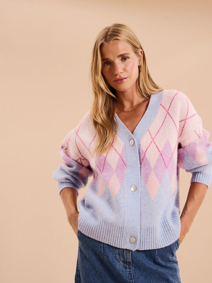 Henni Fluffy Argyle Cardigan in Cream