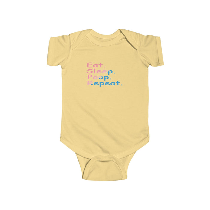 Infant Bodysuit - "Eat. Sleep. Poop. Repeat." Cute Baby Onesie (Pink & Blue Text) - 314 Originals