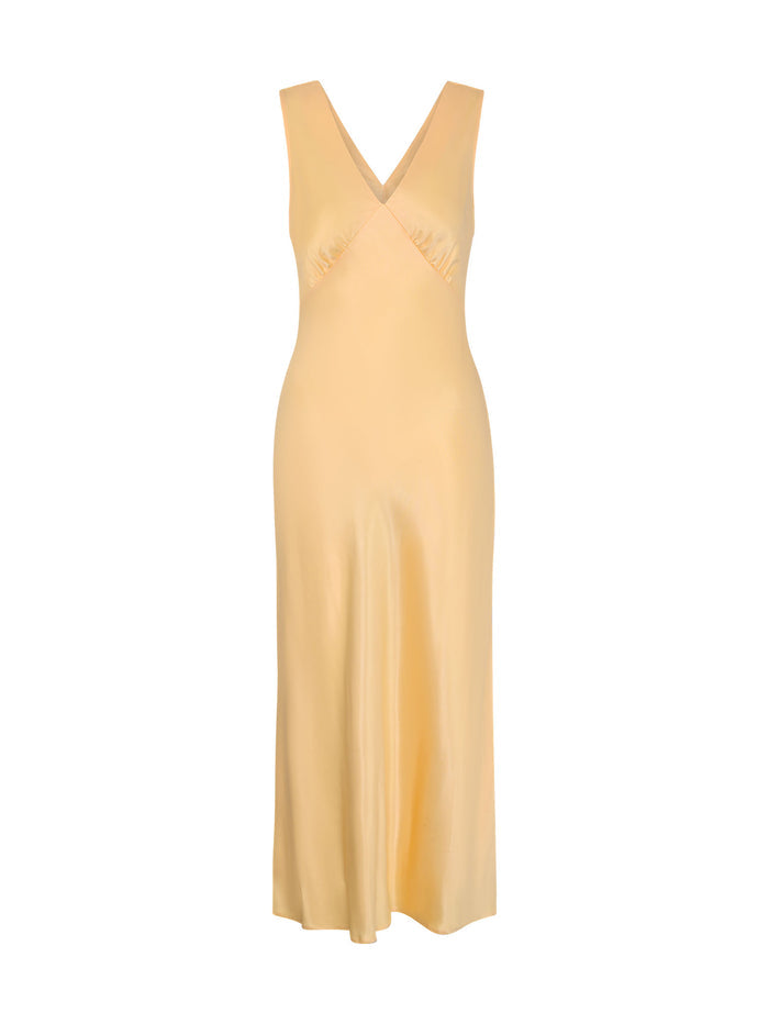 yellow satin maxi dress with v neck and ruching detail