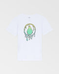 The Volcom Kids' Glustone Sst is a classic-fit white tee made from soft organic cotton, showcasing a green triangle inside a yellow circle with black outlines and melting drips on a light gray background—a stylish everyday staple.
