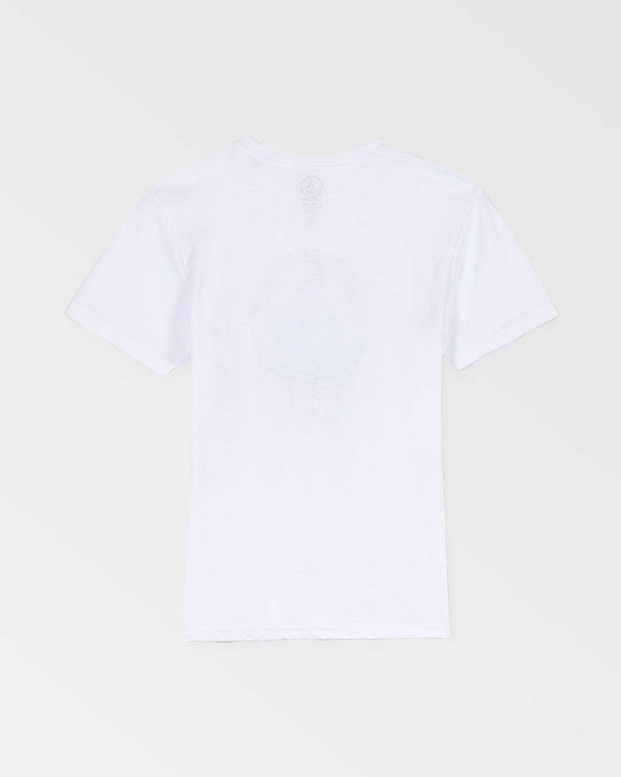 The Kids' Glustone Sst by Volcom is a plain white short-sleeve t-shirt in a classic fit, shown from the back against a light gray background with no visible designs—an effortless everyday staple.