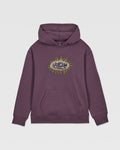 The Volcom Kids' Watanite Pullover is a heavyweight purple fleece hoodie with a front pocket and bold eye graphic with yellow-green flames on the chest—ideal for boys seeking standout style.