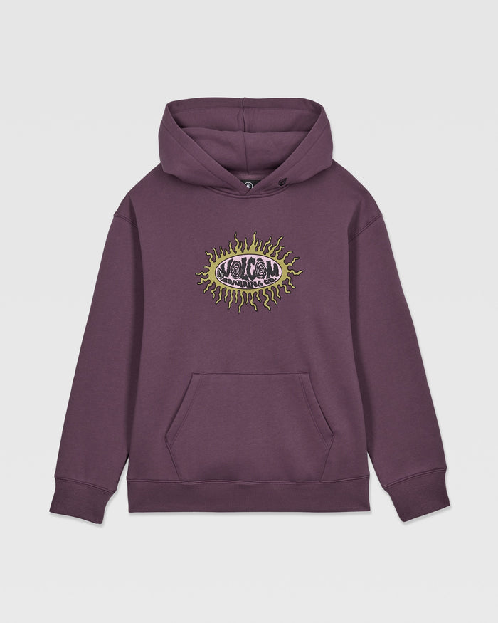 The Volcom Kids' Watanite Pullover is a heavyweight purple fleece hoodie with a front pocket and bold eye graphic with yellow-green flames on the chest—ideal for boys seeking standout style.