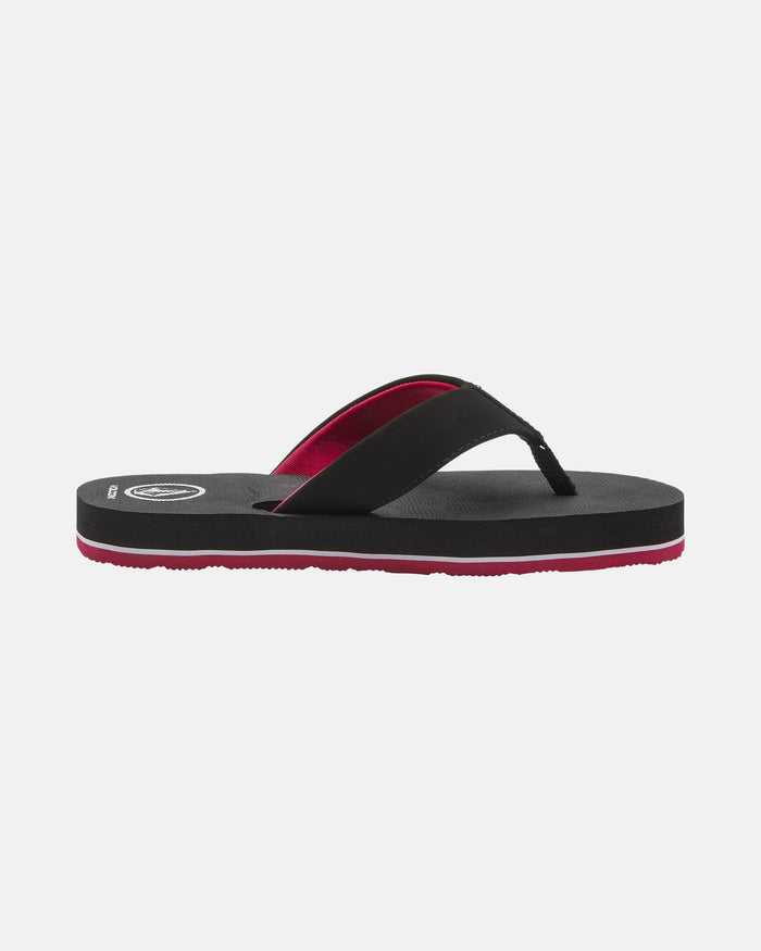 The Volcom Kids' Victor 2 Big Youth is a black flip-flop sandal with a red inner strap and red sole accents, offering recliner-level comfort. Displayed on a plain white background.