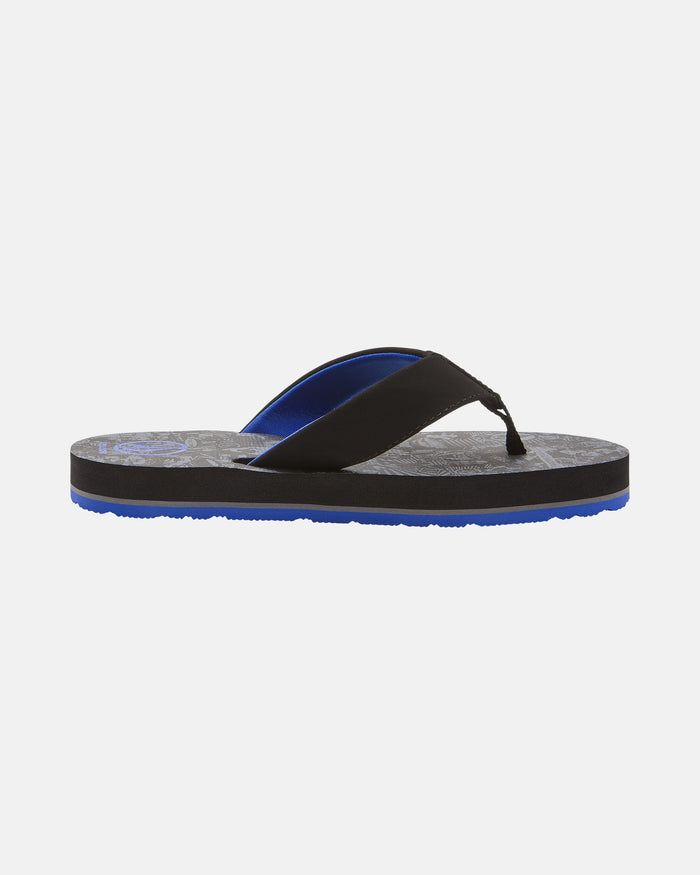 The Volcom Kids' Victor 2 Big Youth flip-flop in black features a patterned sole, blue inner strap and sole accents, non-scuff outsoles, and is shown in a side view on a white background.