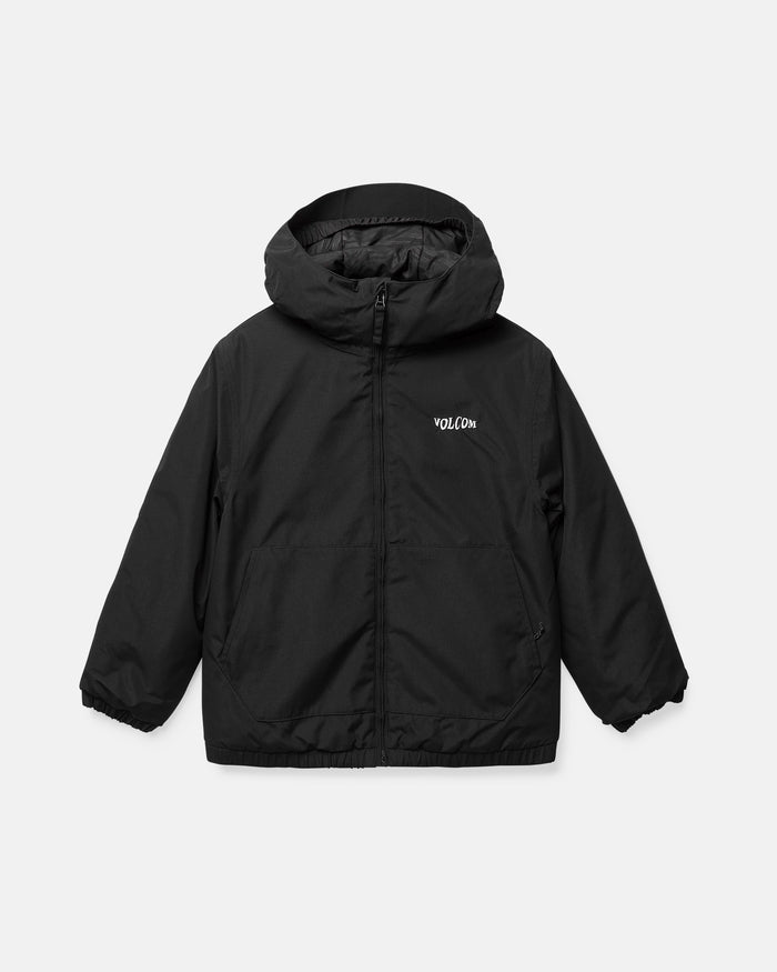 The Kids’ Youth Chaos Insulated Jacket by Volcom is a black hooded jacket with a front zipper, two side pockets, and “VOLCOM” in white lettering on the left chest. Featuring recycled insulation and advanced weather defense technology, it is displayed against a plain white background.