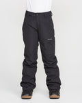 A person is wearing black Volcom Kids’ Frostique Insulated Pants with recycled insulation and black boots, standing against a plain white background. These pants feature an adjustable waist, a zippered pocket on the right thigh, and belt loops at the waist.