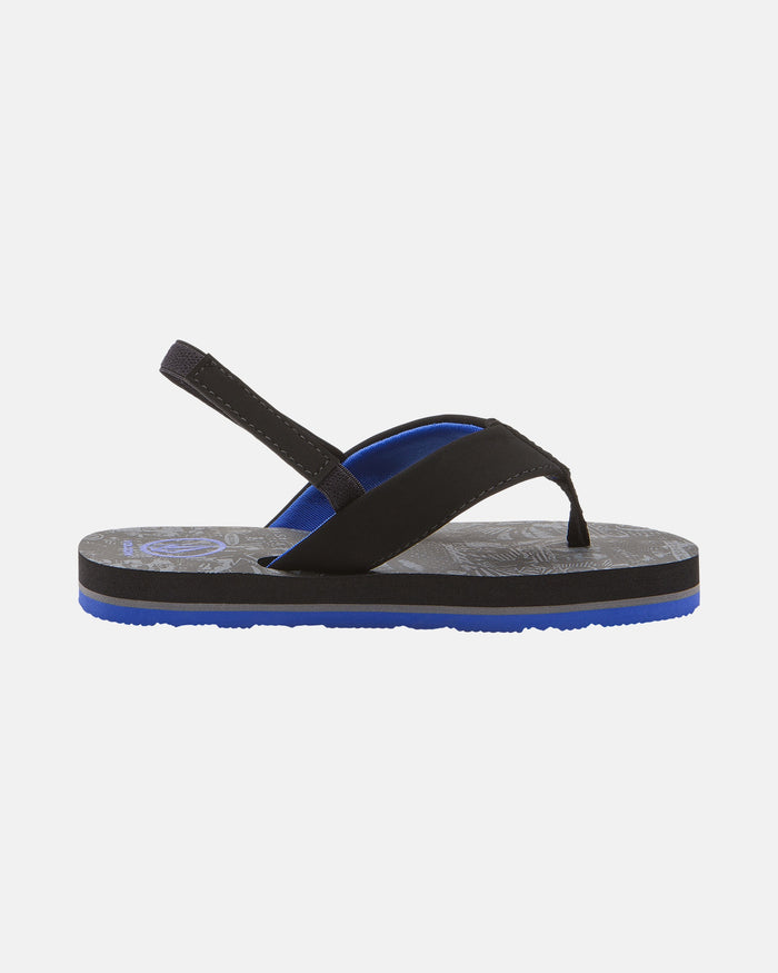 The Volcom Kids' Victor 2 Little Youth sandal is black and blue with a back strap, patterned Recliner Comfort Foam footbed, and blue sole, shown in side profile against a white background.