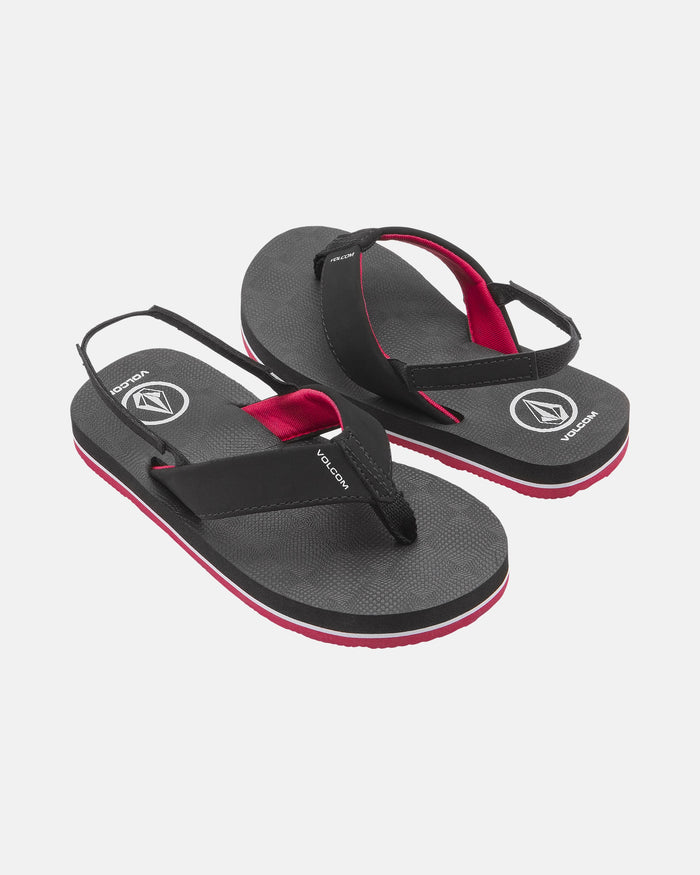 The Volcom Kids' Victor 2 Little Youth sandals feature black water-friendly materials, red accents, and a white Volcom logo on the footbeds, shown on a plain white background.