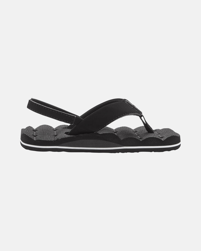 The Volcom Kids' Recliner 2 Little Youth sandal, in black, features a slingback strap, thong-style front, textured comfort foam footbed, and white stitching accents, displayed in side profile on a white background.