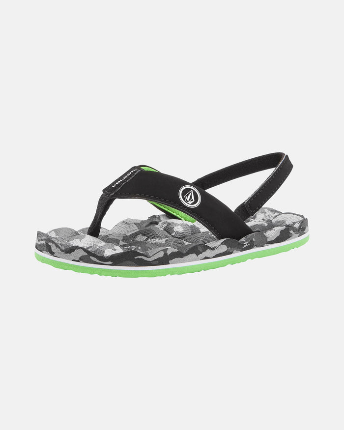 The Volcom Kids' Recliner 2 Little Youth sandal is black and gray with green accents, camo sole, backstrap, comfort foam footbed, water-friendly design, and a circular logo on the strap.