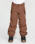 A person wearing Volcom Kids’ Youth Chaos Insulated Pants in brown, featuring recycled insulation and side pockets, along with black snow boots, stands against a plain white background.