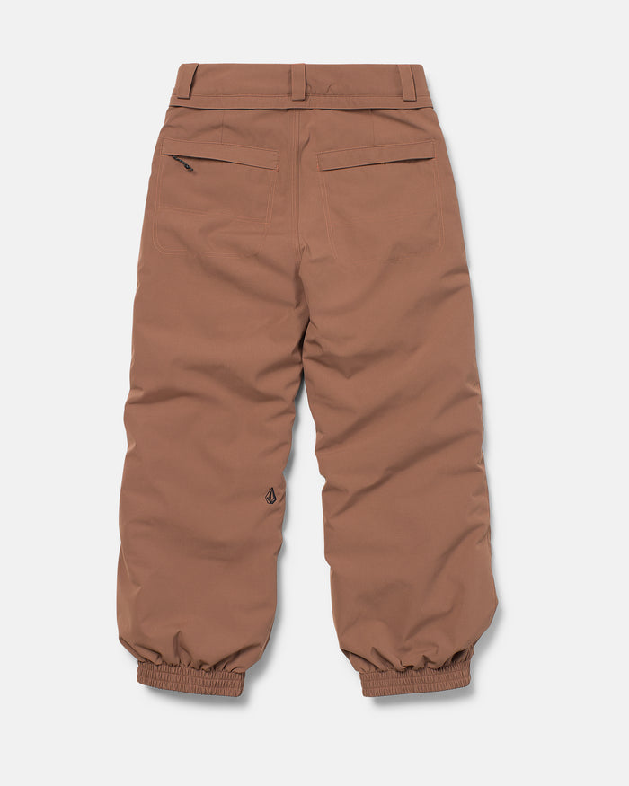 Volcom Kids’ Youth Chaos Insulated Pants in brown, made with V-Science 2-Layer fabric, feature an elasticated ankle, dual back pockets, and belt loops; shown laid flat with the backside up on a plain white background.