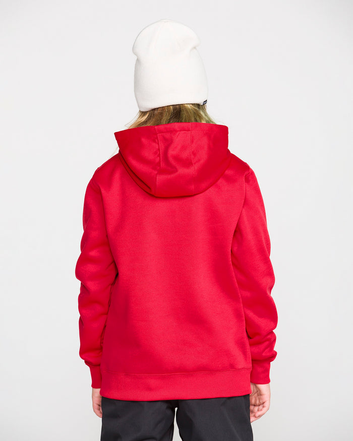 A person is seen from the back, standing against a plain light background, wearing a red Volcom Kids’ Youth Hydro Fleece Hoodie and a white beanie. The hoodie’s hydrophobic fleece offers dry and comfortable wear, and the handwarmer pocket provides added practicality.