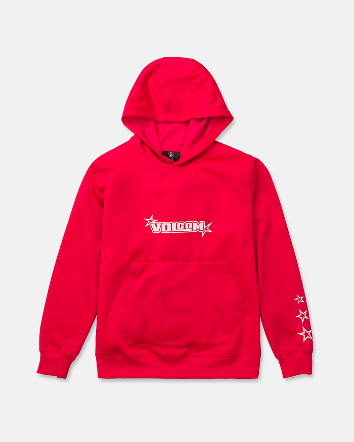 The Kids’ Youth Hydro Fleece Hoodie by Volcom is shown laid flat on a plain white background. This bright red hoodie features a hydrophobic fleece finish, a front handwarmer pocket, and a hood. The chest is adorned with the Volcom logo in white, while three white star graphics accent the left sleeve.