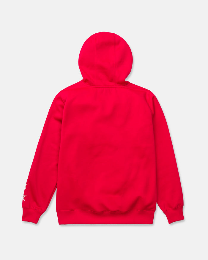 A plain red Volcom Kids’ Youth Hydro Fleece Hoodie is displayed from the back against a white background. The hoodie features ribbed cuffs on the sleeves and hem, with no visible design apart from a small white pattern on the left sleeve. Made from hydrophobic fleece, it provides enhanced comfort and moisture protection.