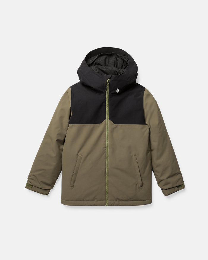 Introducing the Volcom Kids’ Youth Stone.91 Insulated Jacket—a two-tone snow jacket featuring a black hood and shoulders, olive green body and sleeves, two front pockets, recycled insulation for extra warmth, and a front zipper with Zip Tech for superior protection from the elements.