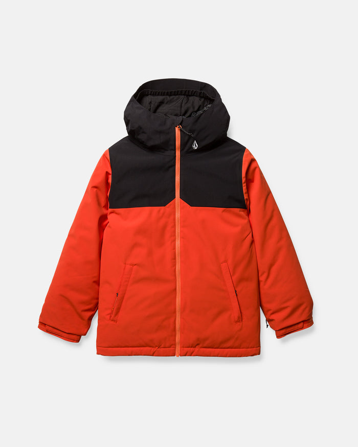 A Volcom Kids’ Youth Stone.91 Insulated Jacket in red with black shoulders and hood, made with recycled insulation, showcases a front zipper with Zip Tech integration and two zippered pockets—all presented on a plain white background.