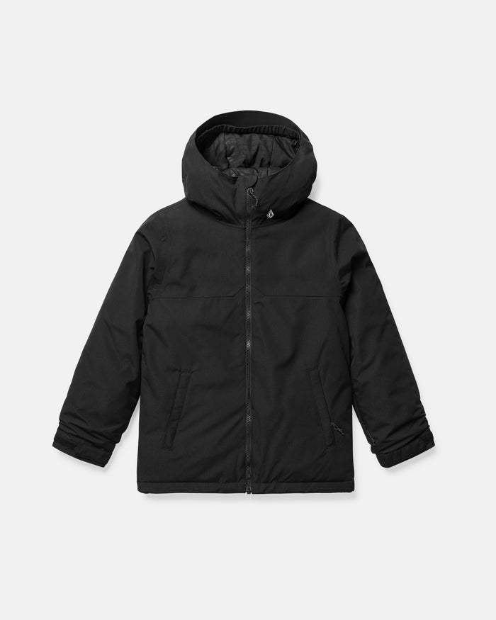 The Volcom Kids’ Youth Stone.91 Insulated Jacket is a black snowboard jacket featuring a hood, front zipper, long sleeves, and two side pockets, designed with recycled insulation and Grow-Tech for an adjustable fit, displayed on a plain white background.