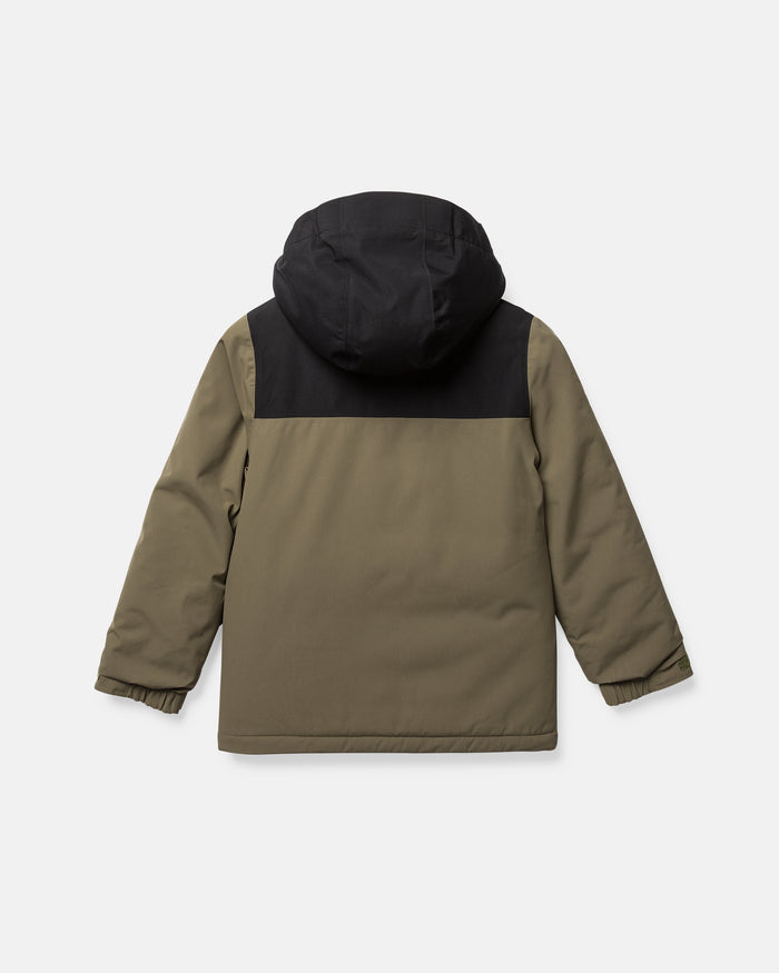 The Volcom Kids’ Youth Stone.91 Insulated Jacket is a two-tone snow jacket with recycled insulation, shown from the back. This olive green jacket features a black upper section, black hood, and long sleeves with elastic cuffs—offering both warmth and sustainability for winter adventures.