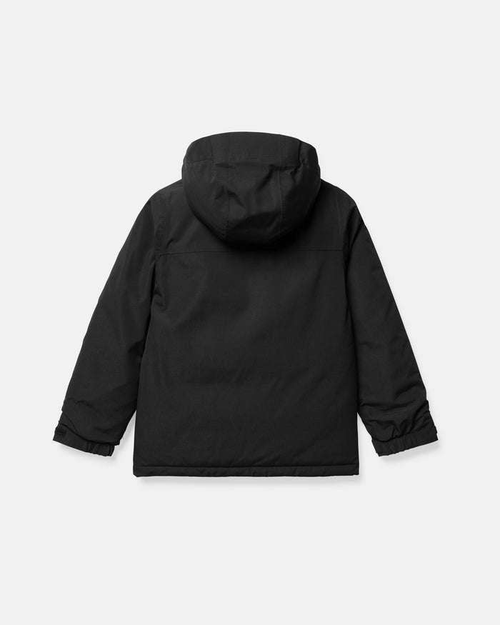 The Volcom Kids’ Youth Stone.91 Insulated Jacket is displayed from the back on a plain white background, showcasing its black color, long sleeves with elastic cuffs. Designed for young snowboarders, this jacket features recycled insulation for reliable warmth and incorporates Grow-Tech, allowing it to adapt as kids grow throughout the season.
