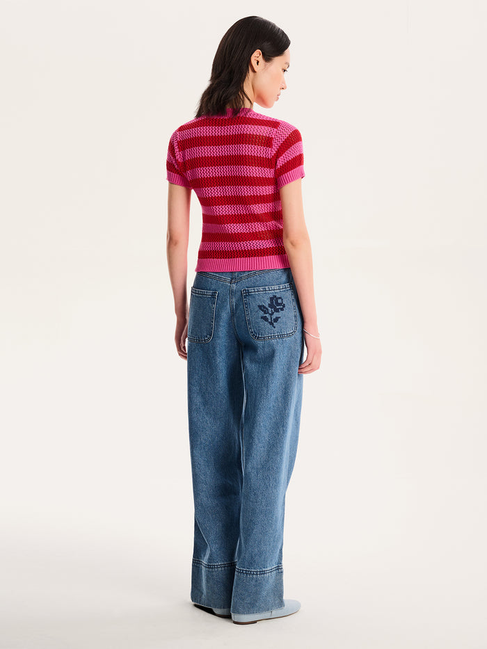Lexi Stripe Crochet Jumper in Magenta and Red