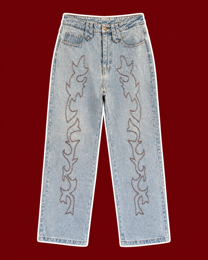 Light Wash Western Embroidered Wide-Leg Jeans