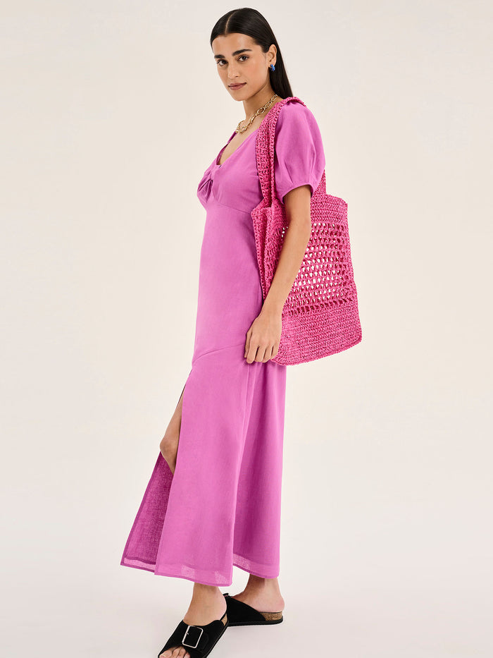 London Linen Bow Detail Midi Dress in Magenta