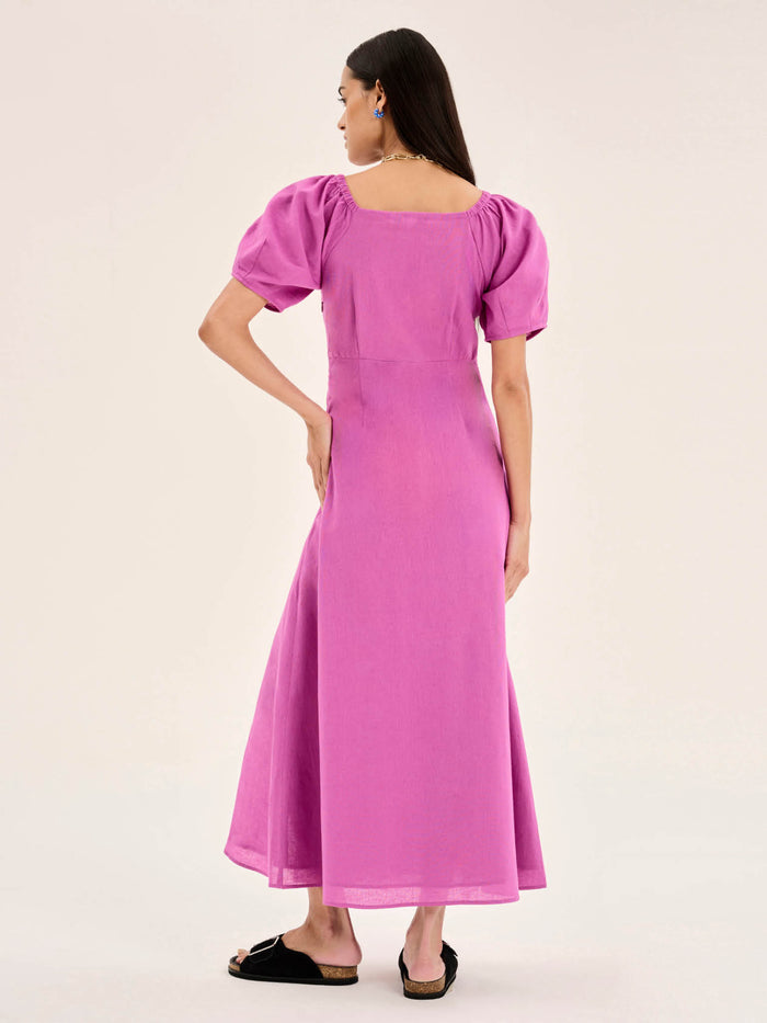 London Linen Bow Detail Midi Dress in Magenta