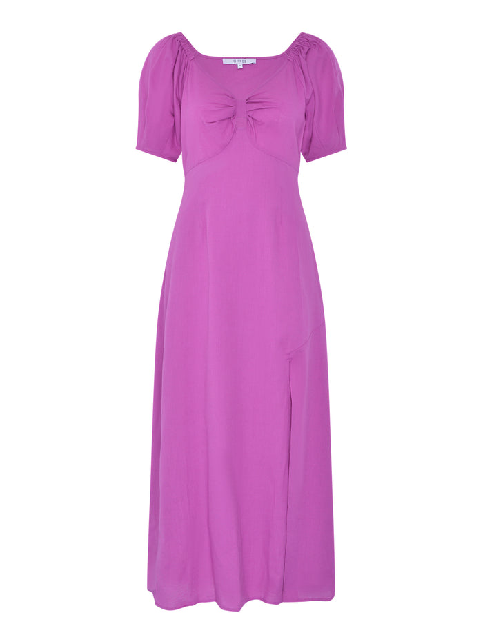 London Linen Bow Detail Midi Dress in Magenta