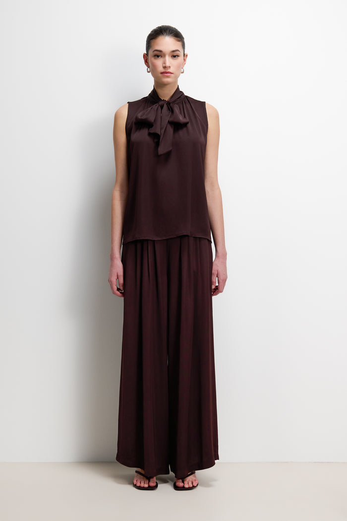 Lyanne Bow Neck Tie Satin Blouse | Espresso Brown Moire