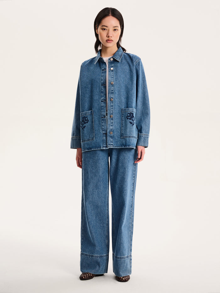 Magnus Embroidered Jacket in Mid Wash