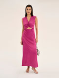 pink satin midi dress with v neck and cutout in middle with knot detail