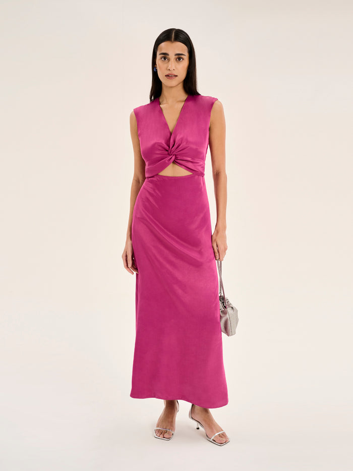 pink satin midi dress with v neck and cutout in middle with knot detail