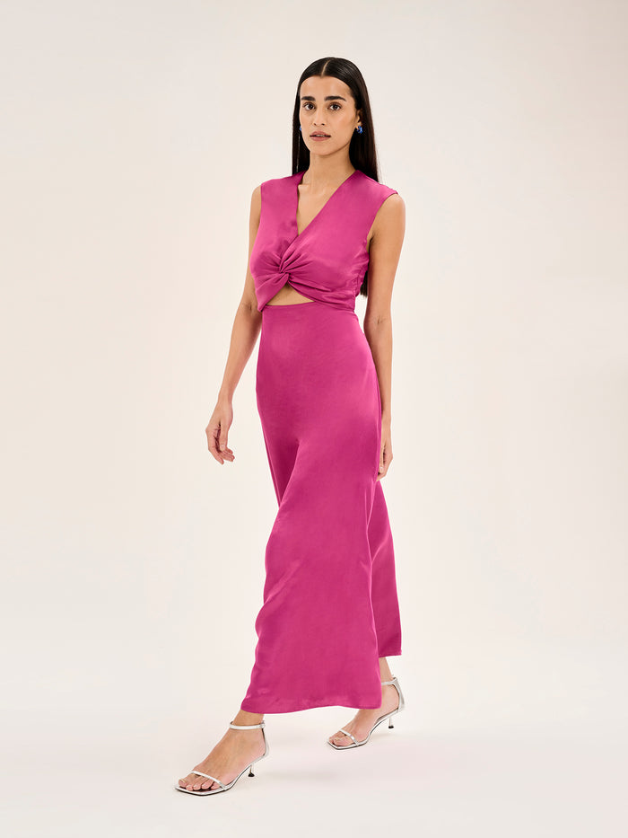 pink satin midi dress with v neck and cutout in middle with knot detail