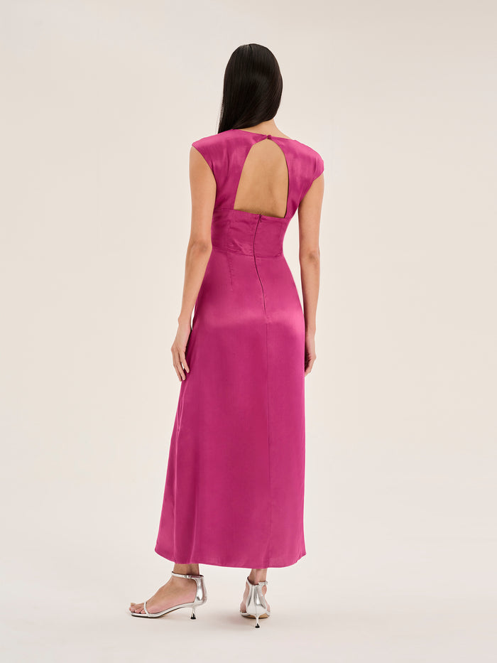 pink satin midi dress with cutout back